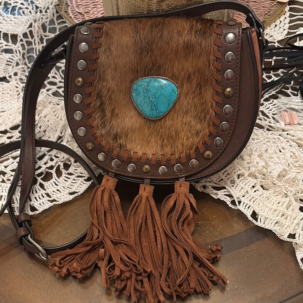Boho Brown Crossbody Bag with Turquoise Accent